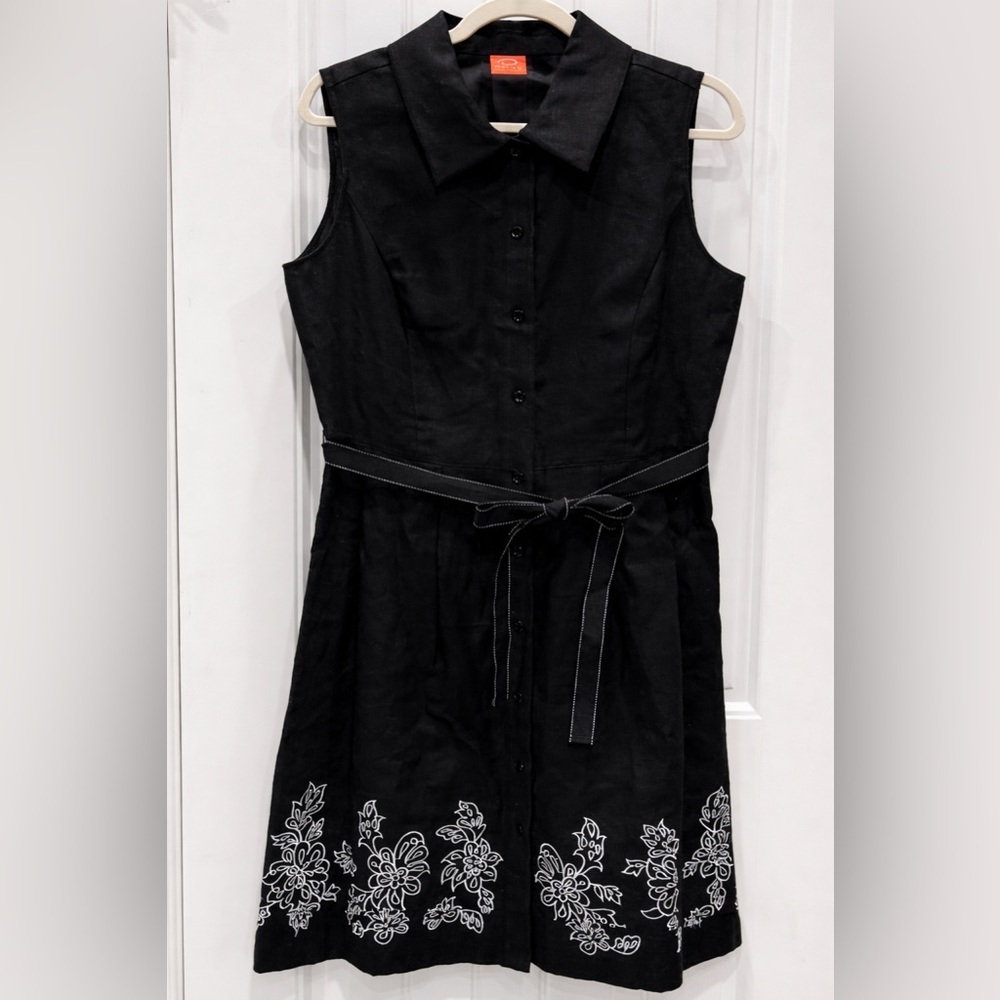 Oscar de la Renta Women’s Black Linen Floral Embroidered Shirt Dress Size 14 EUC